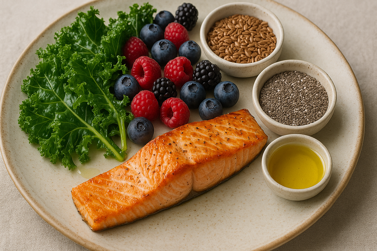 Um prato equilibrado e delicioso que une salmão, couve, frutas vermelhas, chia, linhaça e azeite — ingredientes essenciais em uma dieta anti-inflamatória que promove saúde cerebral, energia e longevidade.
